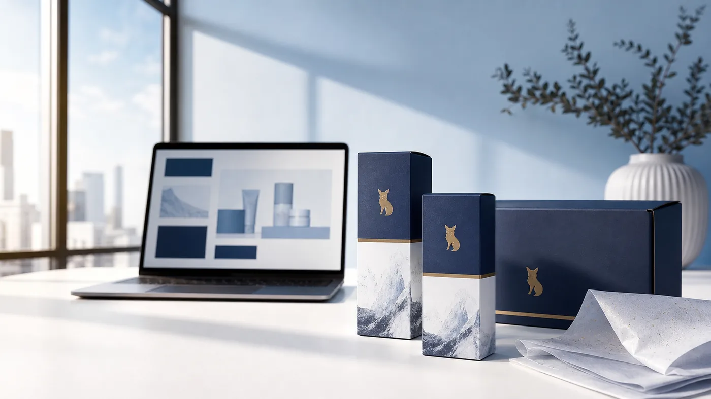 Polar Fox Labs navy and mountain packaging on a studio desk